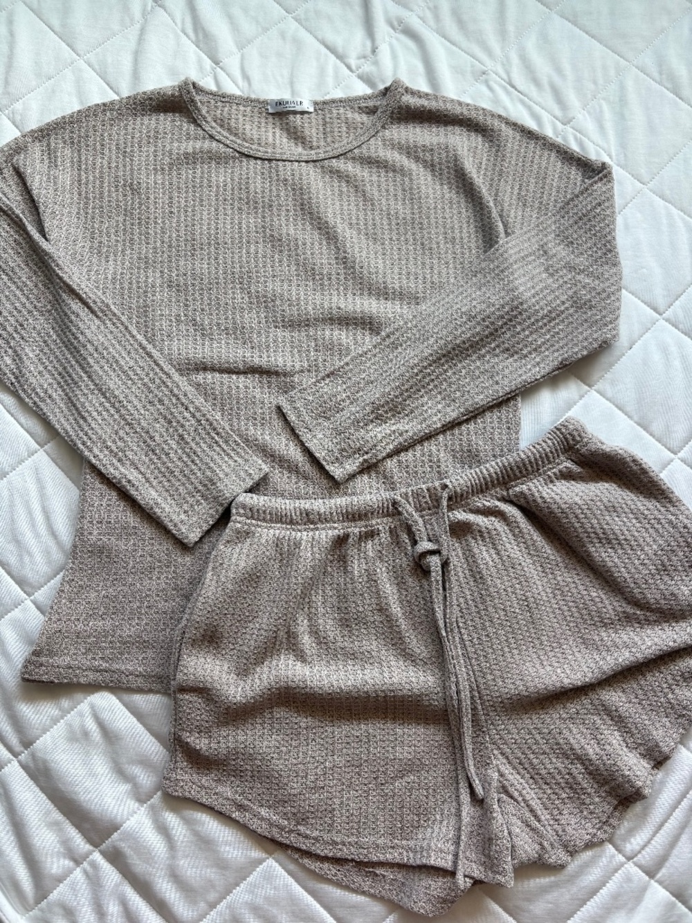 Waffle Knit Lounge Set Long Sleeve Top & Shorts
